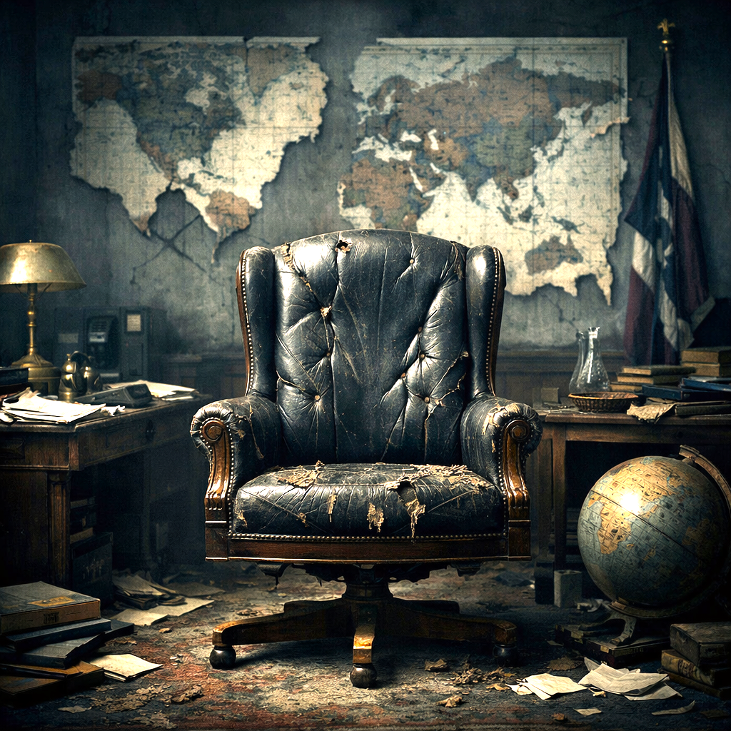 A deteriorated empty presidential chair in a dark institutional room, symbolizing the collapse and erosion of modern political leadership.