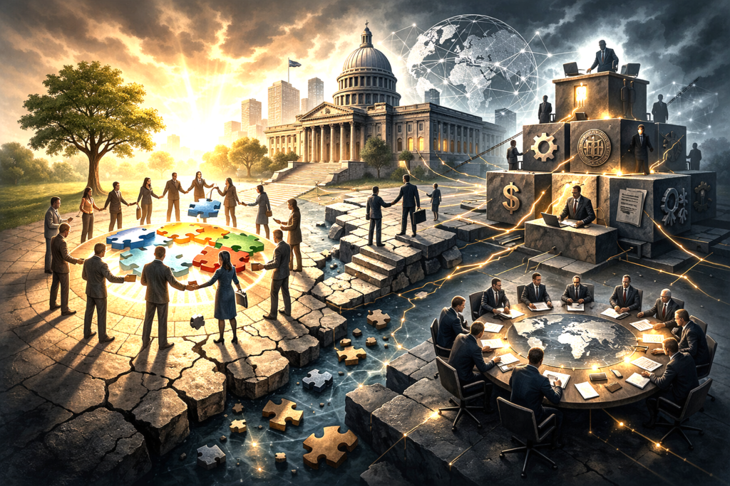 Conceptual illustration of civil society shifting toward state-aligned corporatist structures