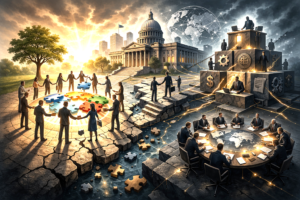 Conceptual illustration of civil society shifting toward state-aligned corporatist structures