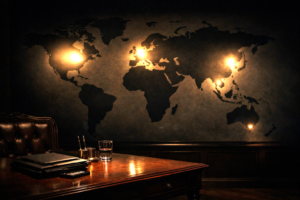 Dimly lit world map with three brightly illuminated power centers and smaller nations in shadow.