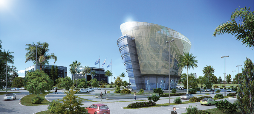 Modern corporate buildings at Zonamerica Free Trade Zone in Montevideo, Uruguay.