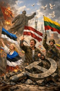 Baltic nations rejecting Soviet communism symbolized by broken hammer and sickle and flags of Estonia Latvia and Lithuania