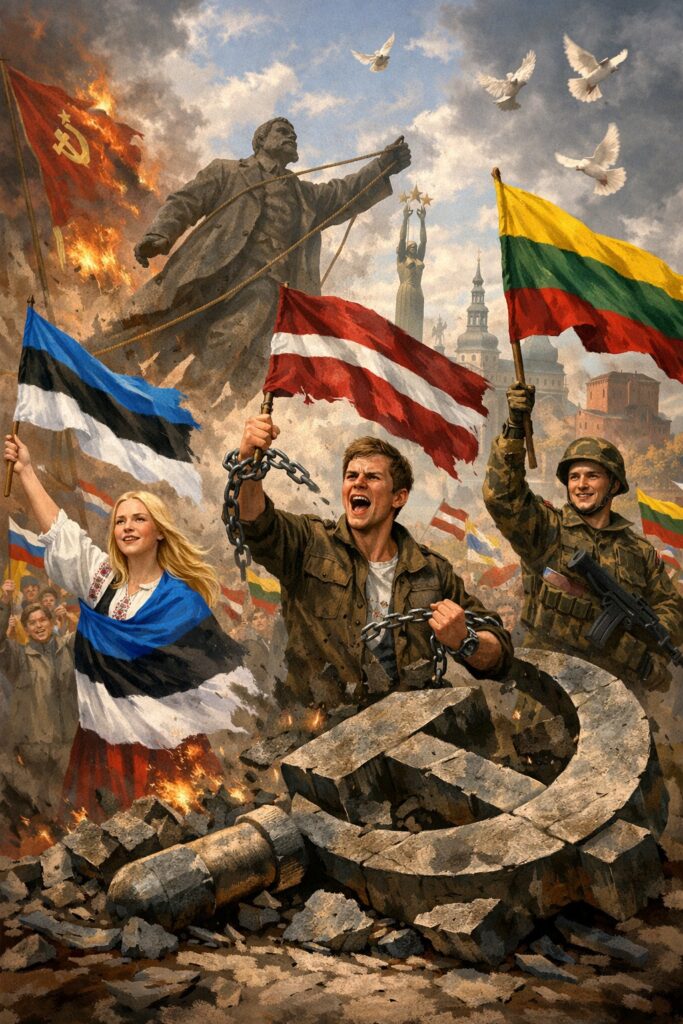 Baltic nations rejecting Soviet communism symbolized by broken hammer and sickle and flags of Estonia Latvia and Lithuania