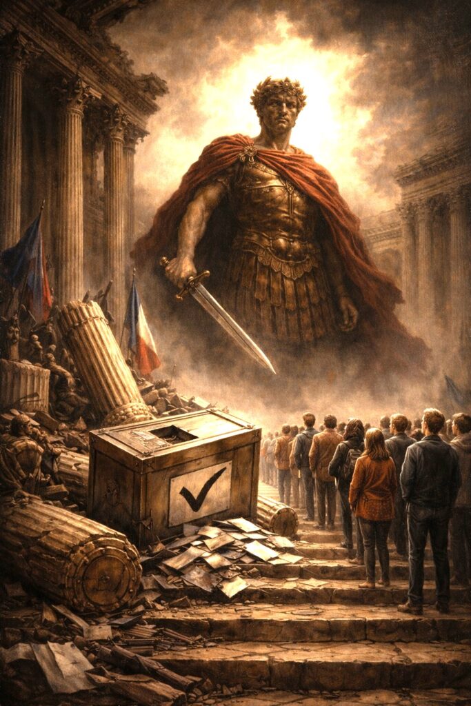 Classical ruler towering over modern voters amid institutional ruins symbolizing democratic decline