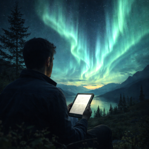 Man reading on an e-reader under the northern lights in a natural landscape