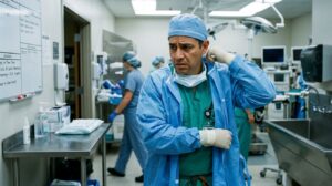 Surgeon in an operating room adjusting his gear, reflecting uncertainty and human error risk in a critical medical environment