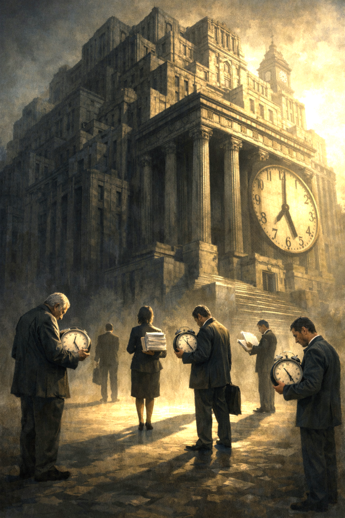 Massive bureaucratic state overshadowing individuals holding documents and stopped clocks