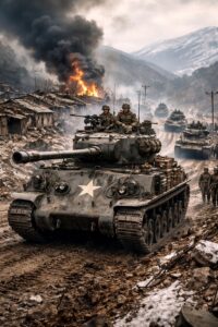 Korean War tanks advancing through destroyed battlefield village