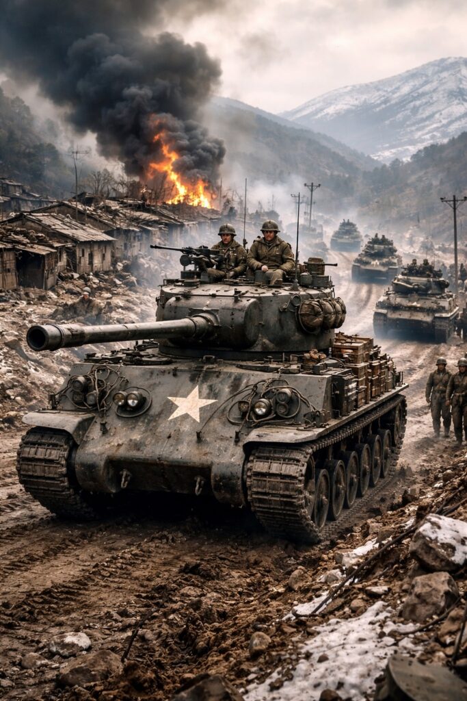 Korean War tanks advancing through destroyed battlefield village