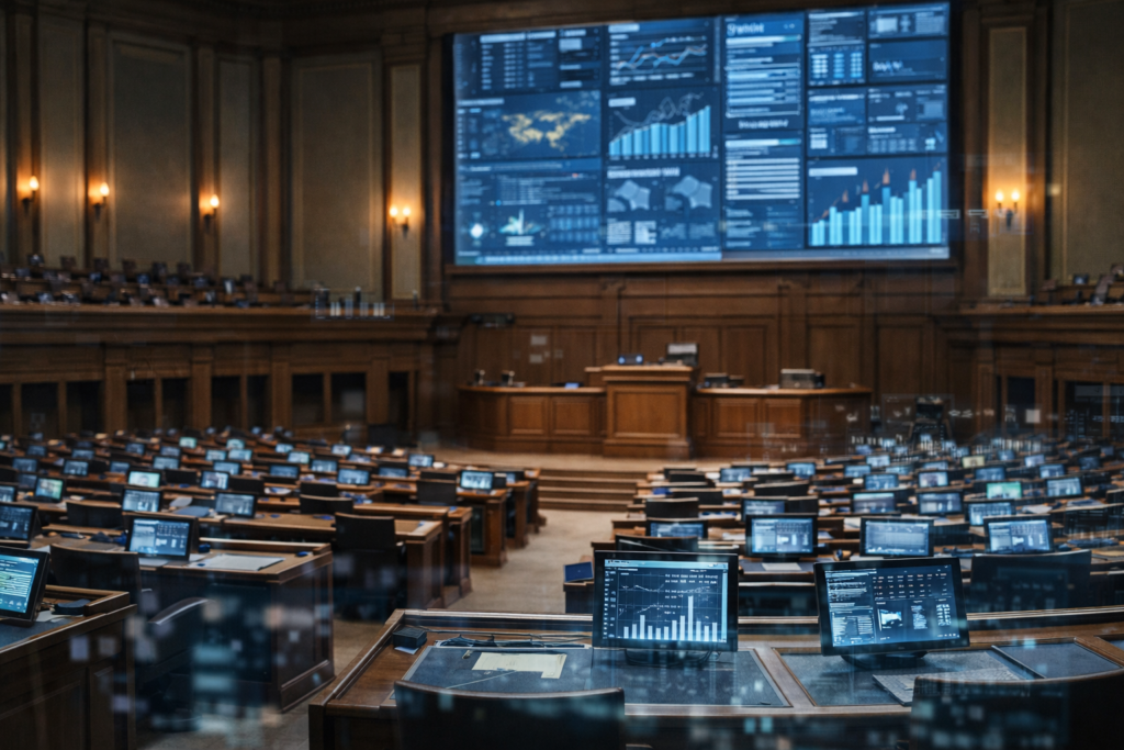 Modern parliamentary chamber with digital data systems integrated into governance