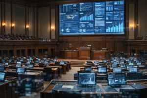 Modern parliamentary chamber with digital data systems integrated into governance