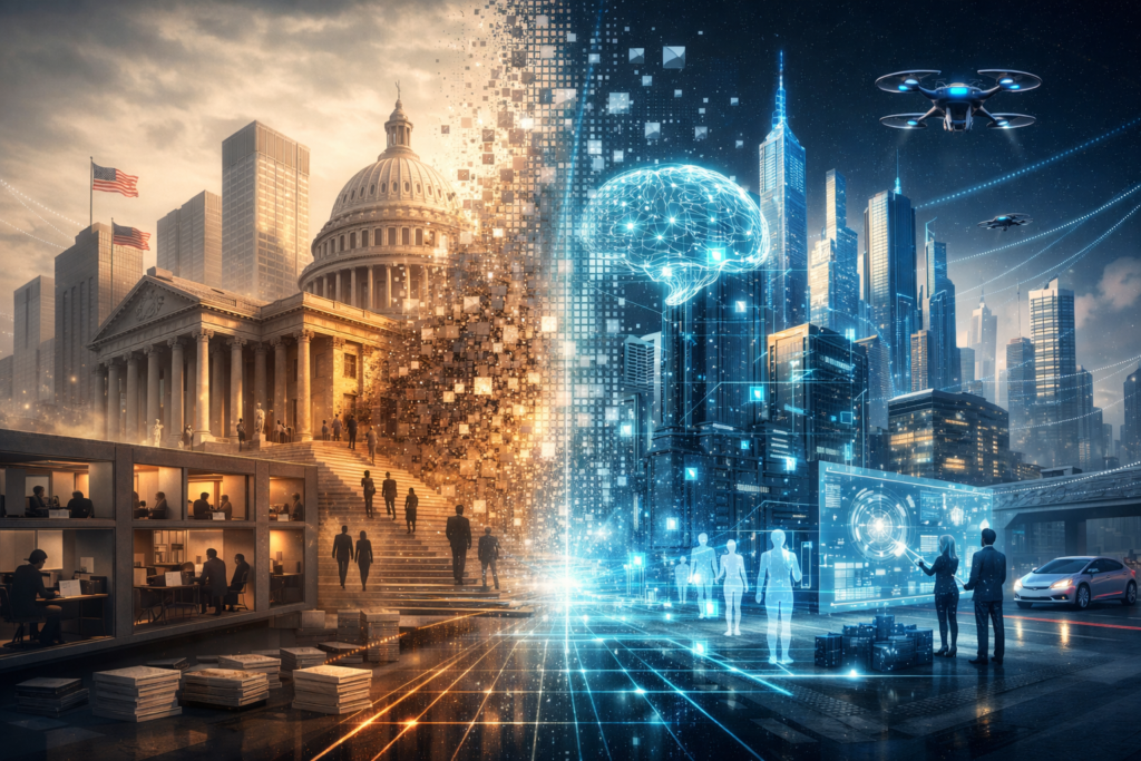 futuristic government replaced by digital networks and artificial intelligence