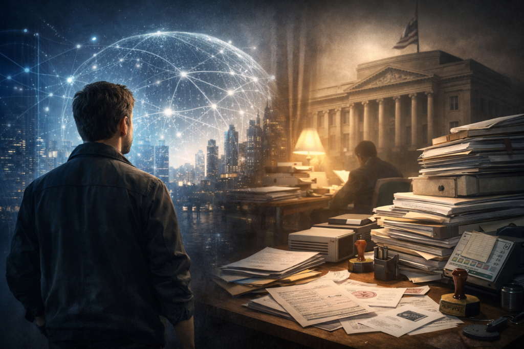 Entrepreneur facing global digital networks while bureaucracy looms behind.