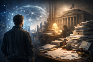 Entrepreneur facing global digital networks while bureaucracy looms behind.