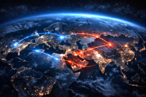 Geopolitical satellite-style night map showing strategic links between the United States, Europe, Russia and the Middle East