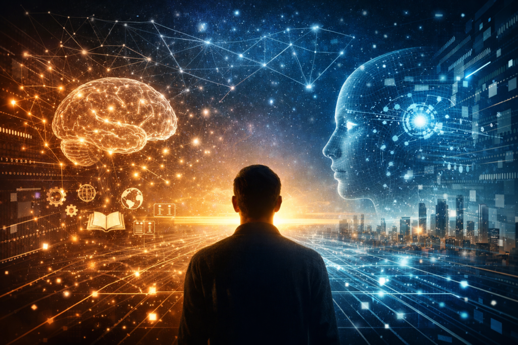 Human consciousness observing a digital network of artificial intelligence and knowledge