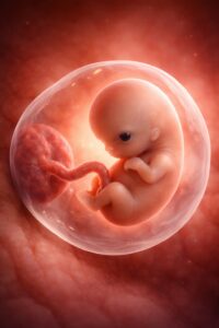 Human embryo at early gestational stage inside the womb with visible umbilical cord