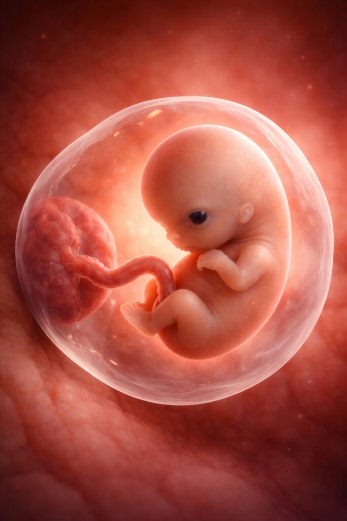 Human embryo at early gestational stage inside the womb with visible umbilical cord