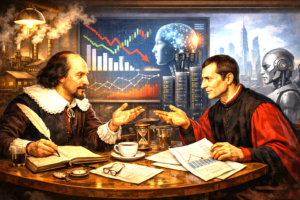 Philosophical figures discussing economy and AI future