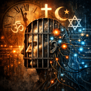 Human head behind bars connected to digital circuits with religious symbols in the background, representing mental influence and control
