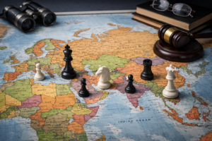 World political map with chess pieces symbolizing power over international law