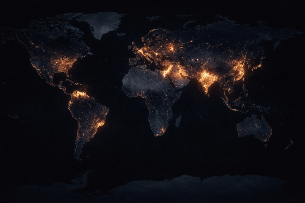 Global night map highlighting geopolitical tensions around Iran, Ukraine and Cuba