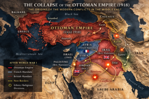 Collapse of the Ottoman Empire and the origins of modern Middle East conflicts map