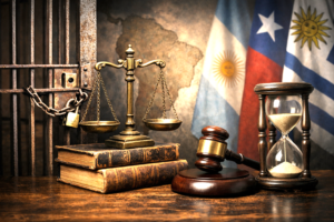 Symbolic representation of political prisoners debate in South America with justice and time elements