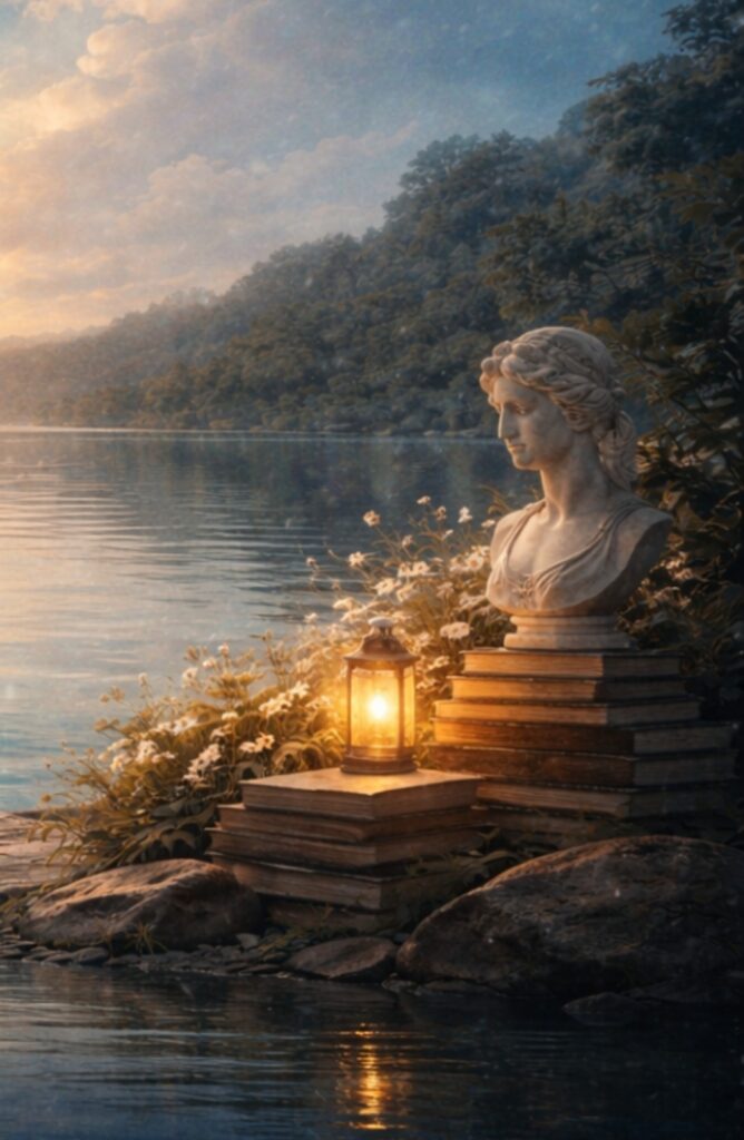 Classical bust beside a lantern and books by a lake at dusk symbolizing contemplation, knowledge and subtle control of the mind