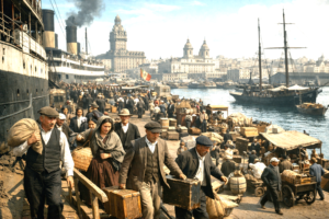 Immigrants arriving at the Port of Montevideo in the early 20th century during Uruguay's liberal economic era