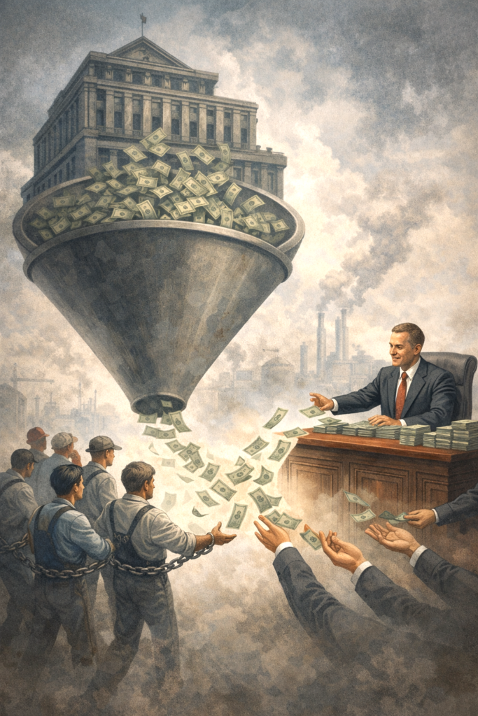 Illustration representing government subsidies transferring wealth from productive workers to a political patronage system