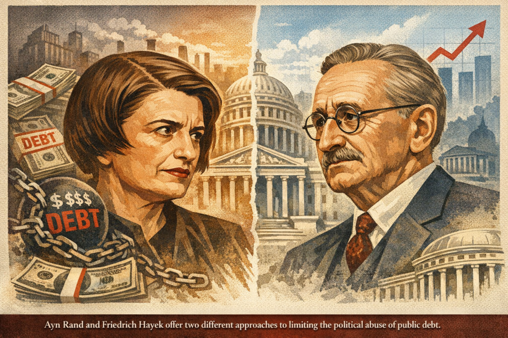 Conceptual illustration of Ayn Rand and Friedrich Hayek representing moral and institutional critiques of public debt.