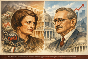 Conceptual illustration of Ayn Rand and Friedrich Hayek representing moral and institutional critiques of public debt.