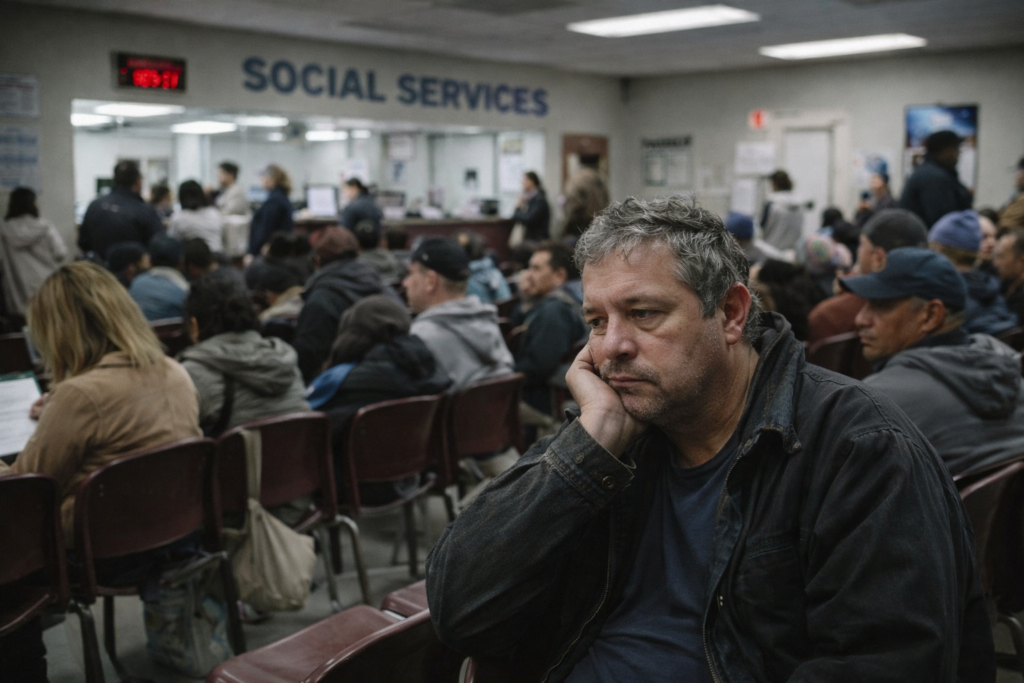 Man waiting in a crowded social services office, reflecting dependency and bureaucratic burden