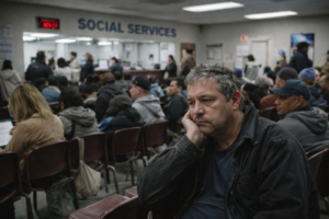 Man waiting in a crowded social services office, reflecting dependency and bureaucratic burden