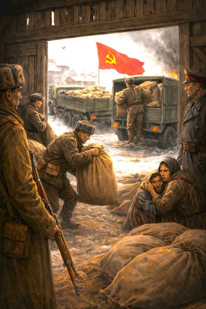 Soviet-era soldiers loading grain sacks while civilians suffer during famine in Ukraine, historical war scene
