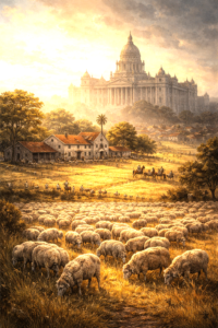 Historic illustration of Uruguay sheep farming prosperity overshadowed by expanding state power