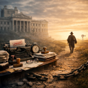 Symbolic illustration contrasting state bureaucracy with individual freedom in Uruguay.