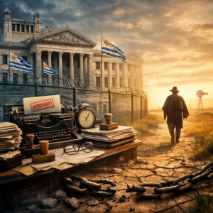 Symbolic scene of Uruguay’s statist culture, showing bureaucracy, state power and a lone rural figure walking toward open land.