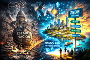 Conceptual illustration contrasting a centralized nation-state with an emerging network state and ZEDE free