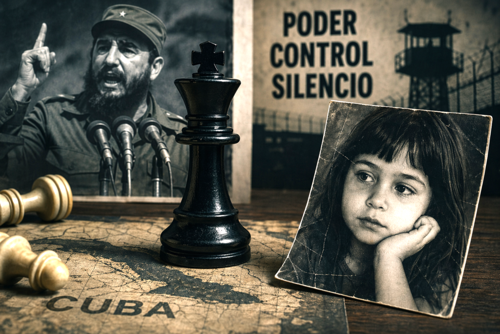 Symbolic representation of absolute power and control in Cuba, featuring a dominant chess king, a historical image of Fidel Castro, and a child portrait reflecting human impact