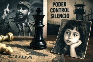Symbolic representation of absolute power and control in Cuba, featuring a dominant chess king, a historical image of Fidel Castro, and a child portrait reflecting human impact