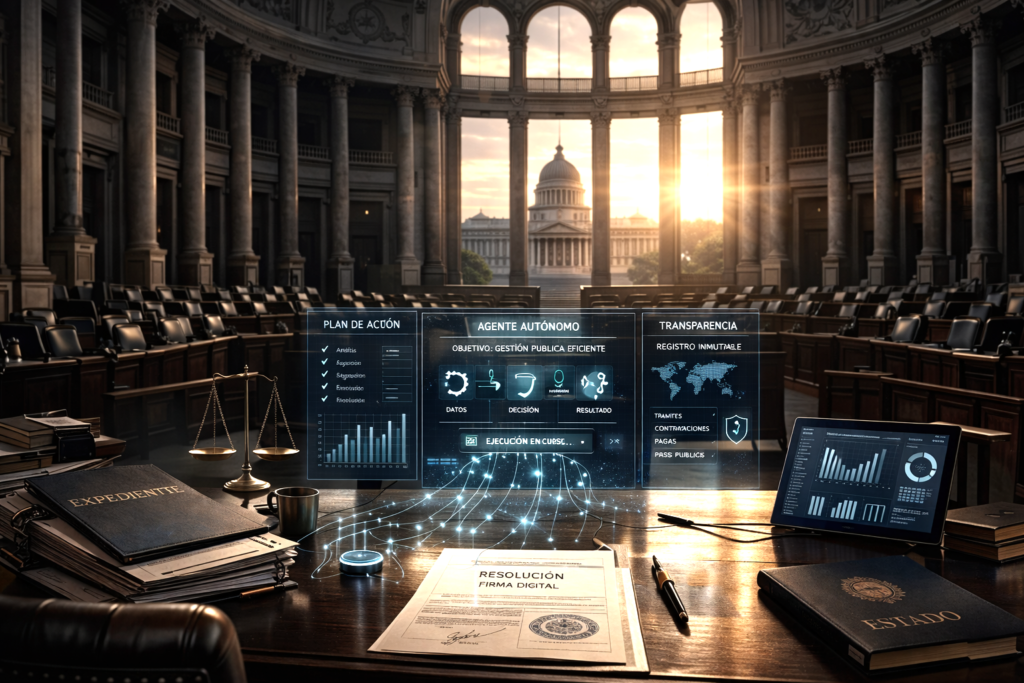 Empty neoclassical government chamber with autonomous digital systems executing public administration