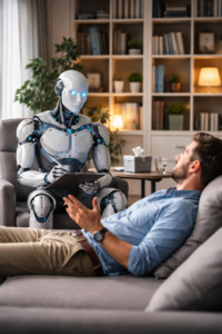 AI robot acting as therapist talking to a human in a living room