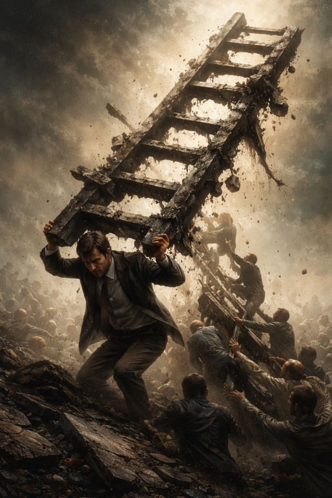 Man carrying collapsing ladder while crowd climbs beneath