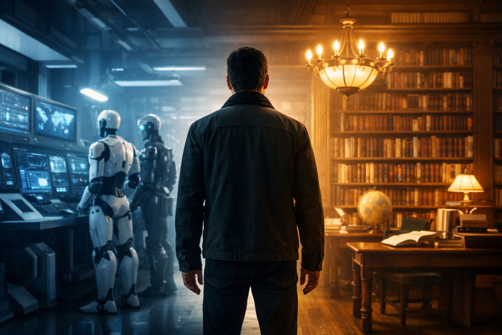 Man standing between artificial intelligence systems and a classical library representing critical thinking