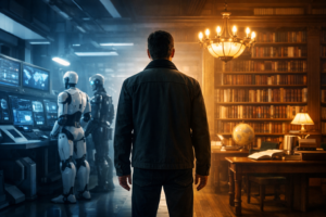 Man standing between artificial intelligence systems and a classical library representing critical thinking