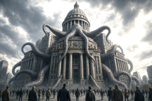 Massive state structure overshadowing individuals symbolizing expanding government power