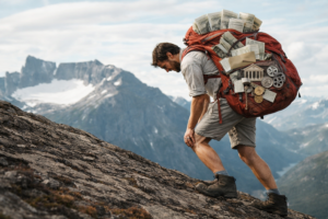 Man climbing steep mountain carrying heavy backpack symbolizing hidden tax burden and economic pressure