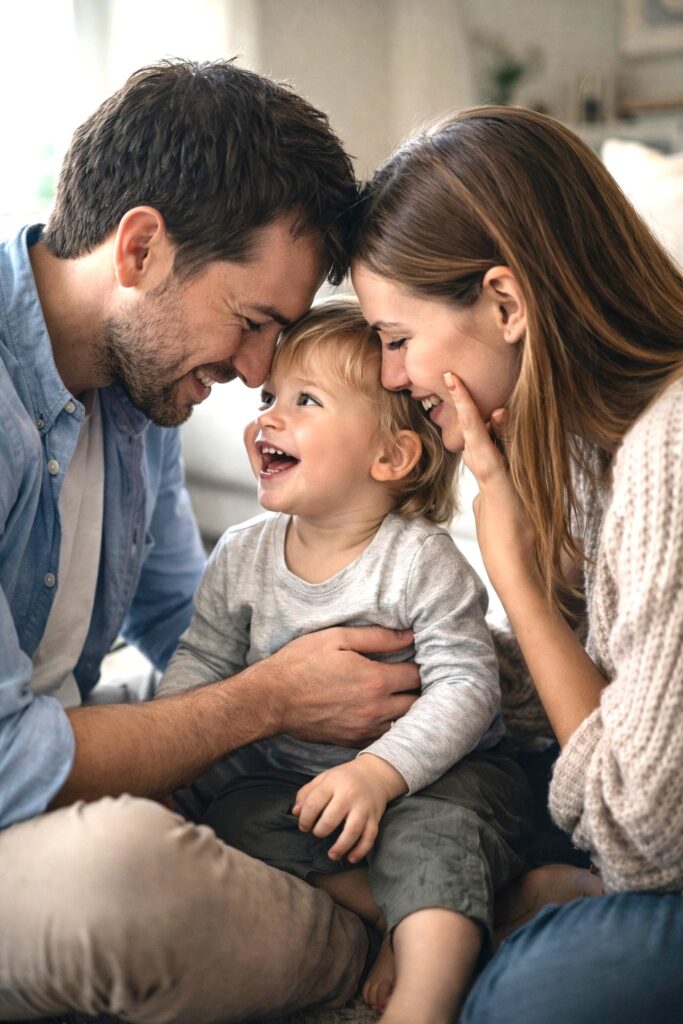 Young child interacting with parents in an early developmental and emotional bonding moment